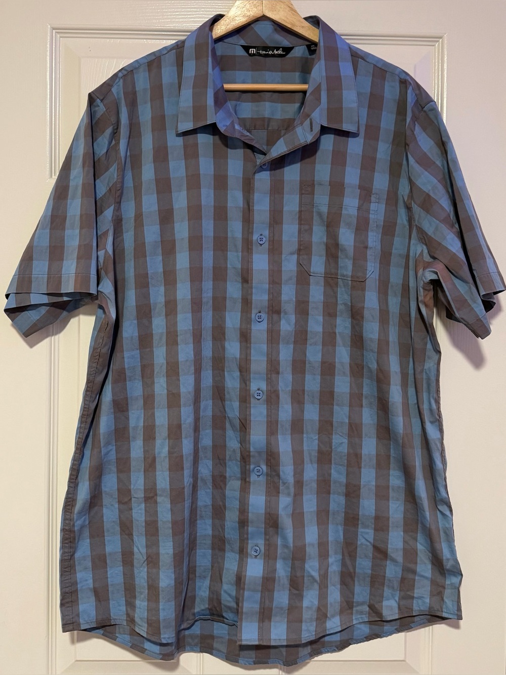 Men’s Travis Mathew Short Sleeve Button-up Performance Blue Plaid Shirt Size XXL